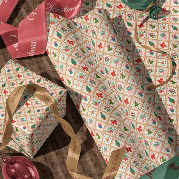 Rolls of vintage gold tile gift wrap and a wrapped box with satin ribbons on a wooden floor