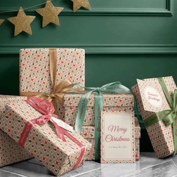 Stack of presents in vintage gold tile paper with ribbons and a Merry Christmas card by a dark green wall