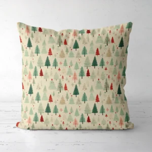 Square cream vintage forest pillow, front facing, on a white floor