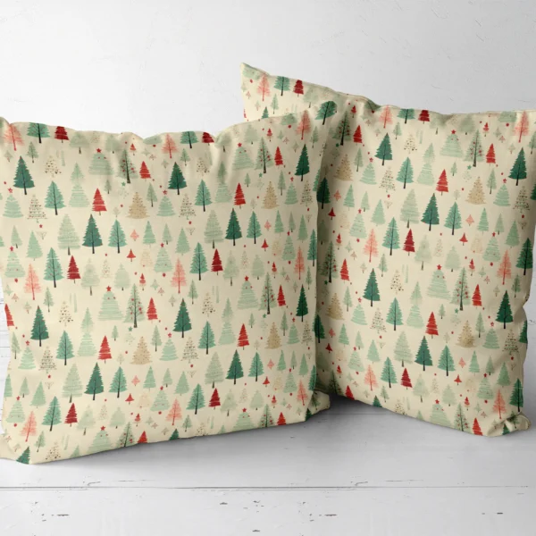Pair of vintage forest throw pillows in cream, placed together
