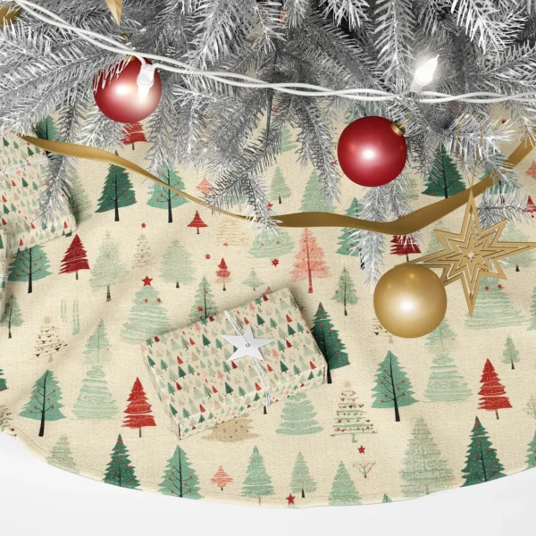 Detail of faded mint, pink and dark green trees with red baubles on cream