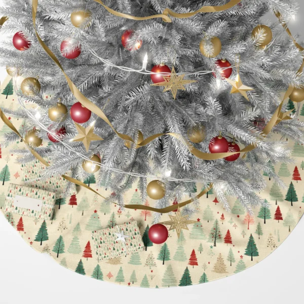 Glowing Christmas tree with presents on the vintage forest skirt in cream