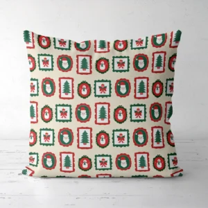 Vintage frames Christmas pillow, front view of framed Santa and snowman scenes
