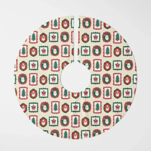 Vintage frames tree skirt flat top view, red and green scalloped frames on cream
