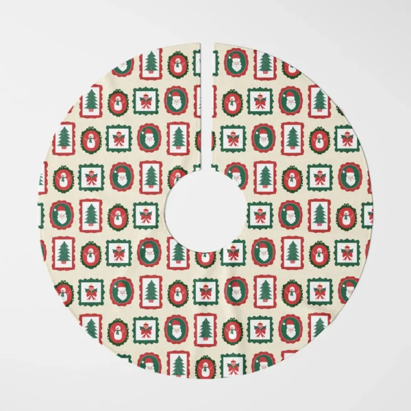Vintage frames tree skirt flat top view, red and green scalloped frames on cream