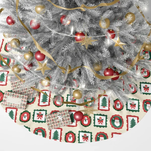 Framed Santa and snowman tree skirt under a lit tree with wrapped gifts