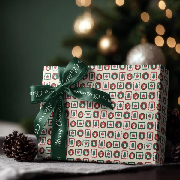 Box wrapped in vintage frames paper with a satin ribbon bow, Christmas tree lights behind
