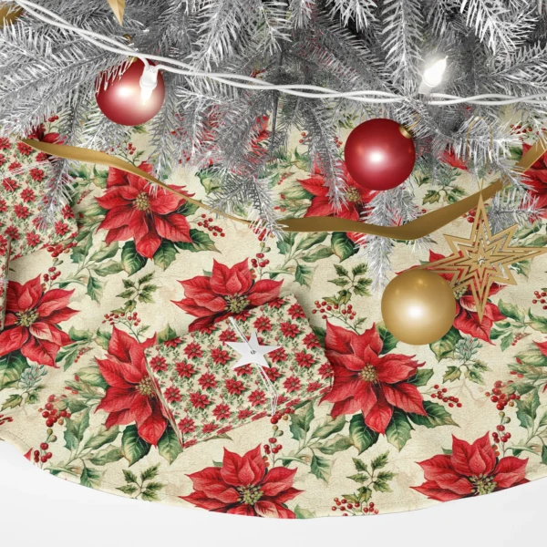 Close-up of the print: veined scarlet poinsettia with a yellow-green center beside holly and berries