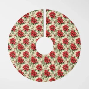 Vintage poinsettia tree skirt laid flat, top view on white, scarlet blooms and holly on cream