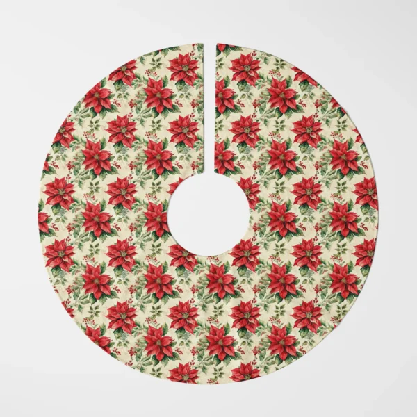 Vintage poinsettia tree skirt laid flat, top view on white, scarlet blooms and holly on cream