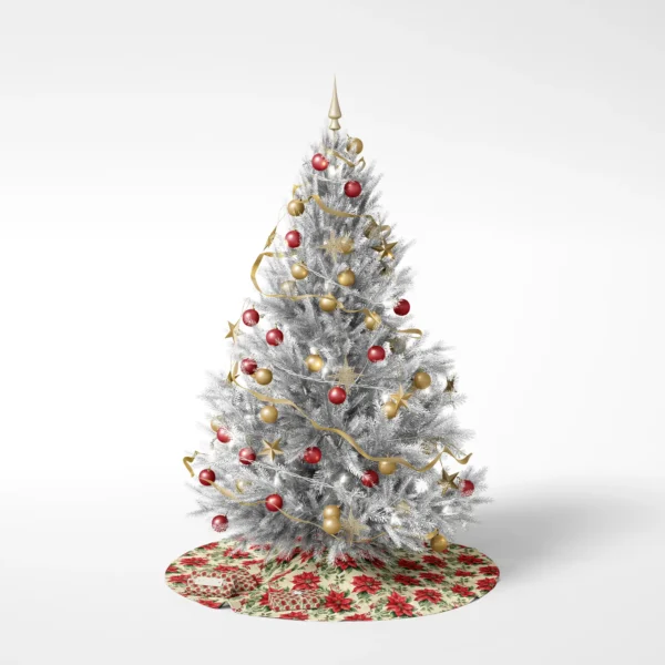 Decorated tree on a white backdrop standing on the vintage poinsettia skirt