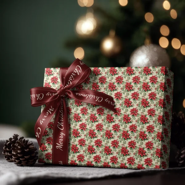 Box wrapped in vintage poinsettia paper with a satin ribbon bow, Christmas tree lights behind