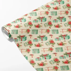 Roll of cream wrapping paper with mint and cream presents, red ribbons, poinsettias and holly, partly unrolled on white