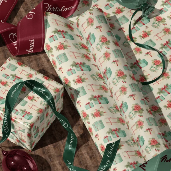 A sheet of poinsettia and present wrapping paper and a wrapped box with satin ribbons on a wooden floor