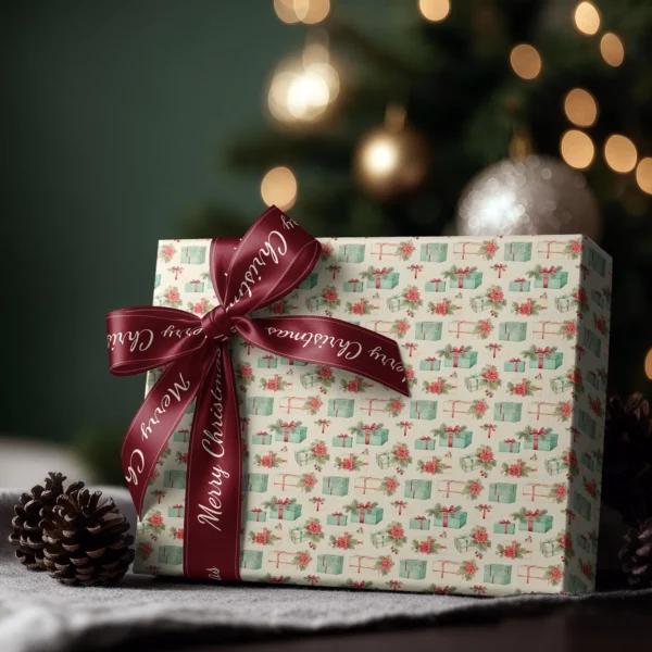 Box wrapped in poinsettia and gift paper with a satin ribbon bow, Christmas tree lights behind