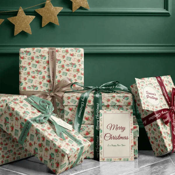 Stack of presents in poinsettia and gift paper with ribbons and a Merry Christmas card by a dark green wall