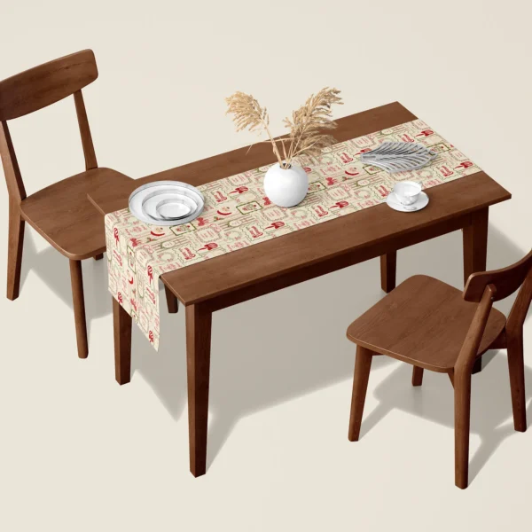 Vintage Santa card Christmas table runner on a walnut dining table with two wooden chairs