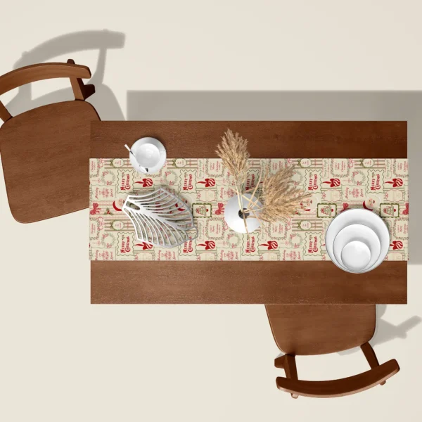 Vintage Santa card Christmas table runner seen from above on a walnut table with white dishes and dried pampas