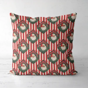 Red-stripe vintage Santa pillow standing on a white floor, front view