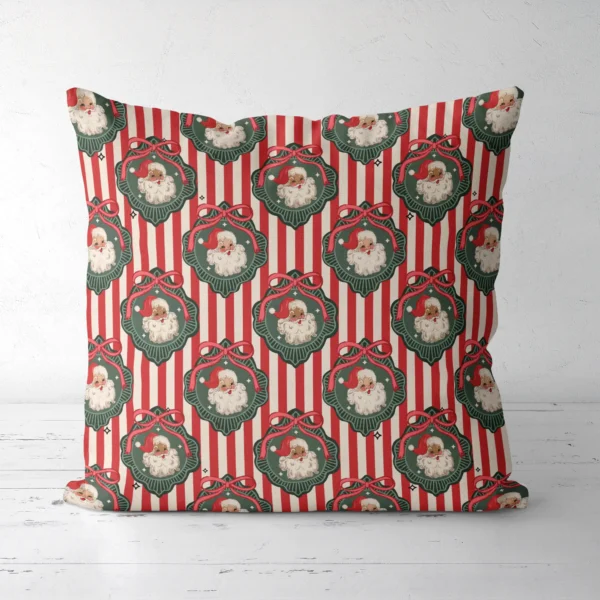 Red-stripe vintage Santa pillow standing on a white floor, front view