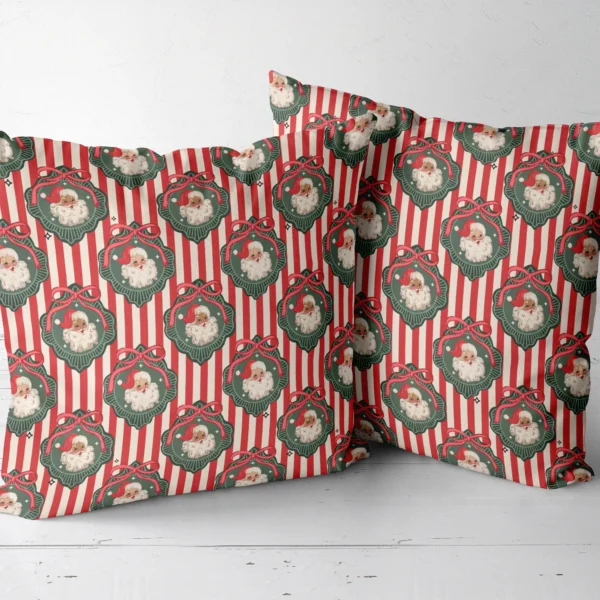 Two vintage Santa throw pillows side by side