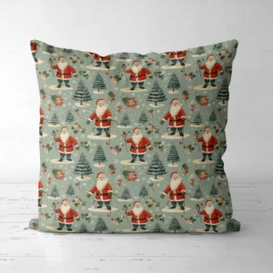 Square sage green throw pillow printed with vintage Santas, fir trees and holly, standing on a white floor