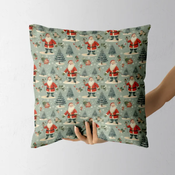 Hand holding a sage vintage Santa Christmas throw pillow