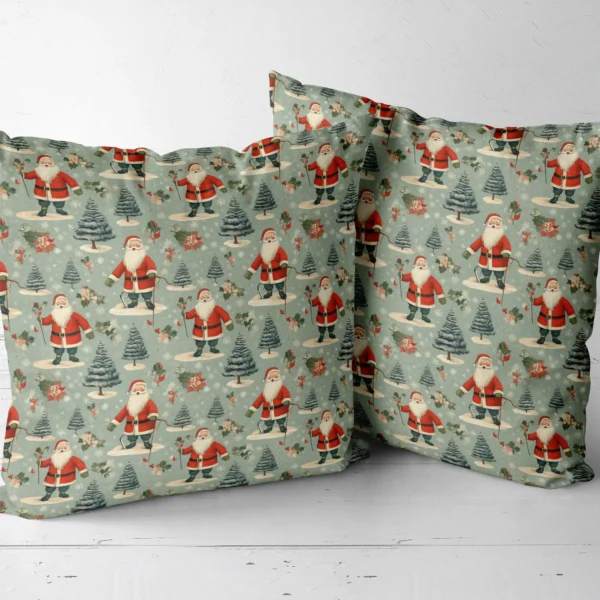 Two sage vintage Santa throw pillows side by side