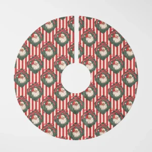 Red-stripe vintage Santa tree skirt laid flat, top view on a white background