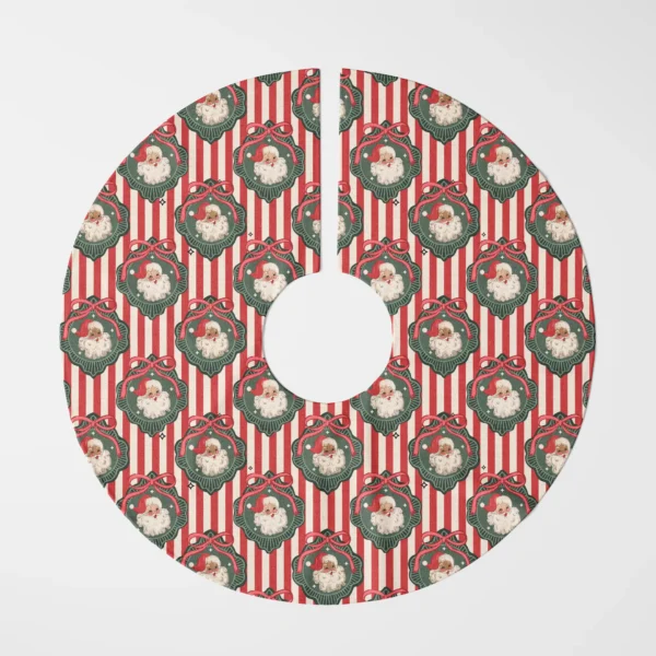 Red-stripe vintage Santa tree skirt laid flat, top view on a white background