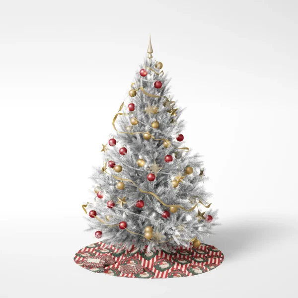 Decorated tree on white standing on the striped vintage Santa skirt