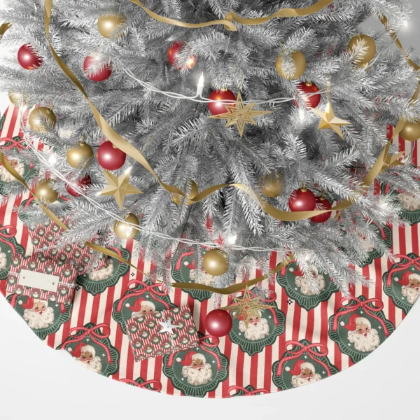 Vintage Santa tree skirt under a lit Christmas tree surrounded by gifts