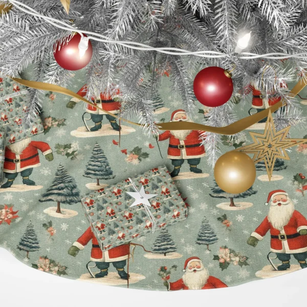 Close-up of the tree skirt print: Santa in a red coat beside a frosted fir and holly on sage