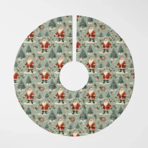 Round sage green tree skirt with vintage Santas, frosted fir trees and holly, seen from above on white