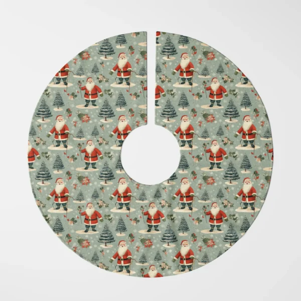 Round sage green tree skirt with vintage Santas, frosted fir trees and holly, seen from above on white