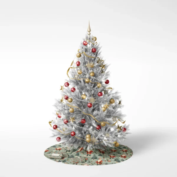 Decorated Christmas tree standing on a sage vintage Santa tree skirt against a white background