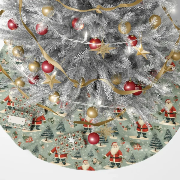 Sage Santa tree skirt under a lit Christmas tree with wrapped presents