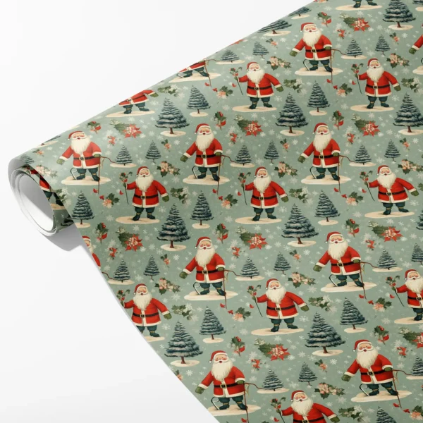 Roll of sage green wrapping paper with vintage Santas, frosted fir trees and holly, partly unrolled on white
