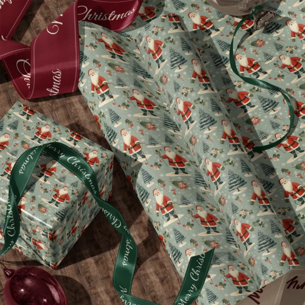 A sheet of sage vintage Santa gift wrap and a wrapped box with satin ribbons on a wooden floor