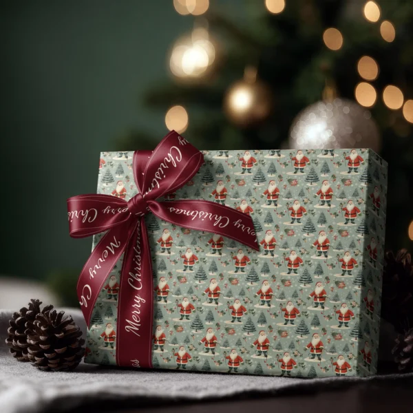 Box wrapped in sage vintage Santa paper with a satin ribbon bow, Christmas tree lights behind