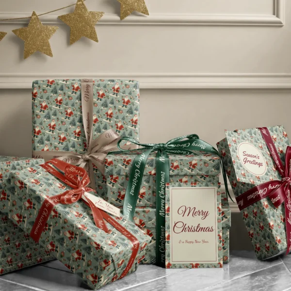 Stack of presents in sage vintage Santa paper with ribbons and a Merry Christmas card by a beige wall