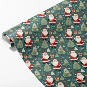 Roll of slate teal wrapping paper with waving vintage Santas, fir trees and small presents, partly unrolled on white