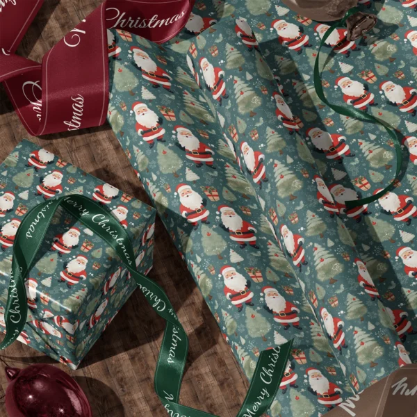 A sheet of slate vintage Santa gift wrap and a wrapped box with satin ribbons on a wooden floor