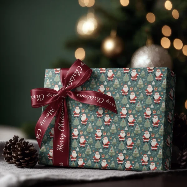 Box wrapped in slate vintage Santa paper with a satin ribbon bow, Christmas tree lights behind