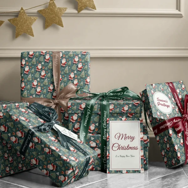 Stack of presents in slate vintage Santa paper with ribbons and a Merry Christmas card by a beige wall