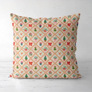 Vintage tile Christmas pillow standing on a white floor, front view
