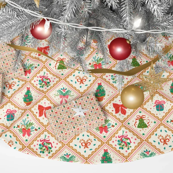 Close-up of gold scalloped diamonds framing a potted fir, mistletoe and a teal gift