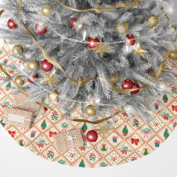 Vintage gold tile tree skirt under a lit Christmas tree with presents