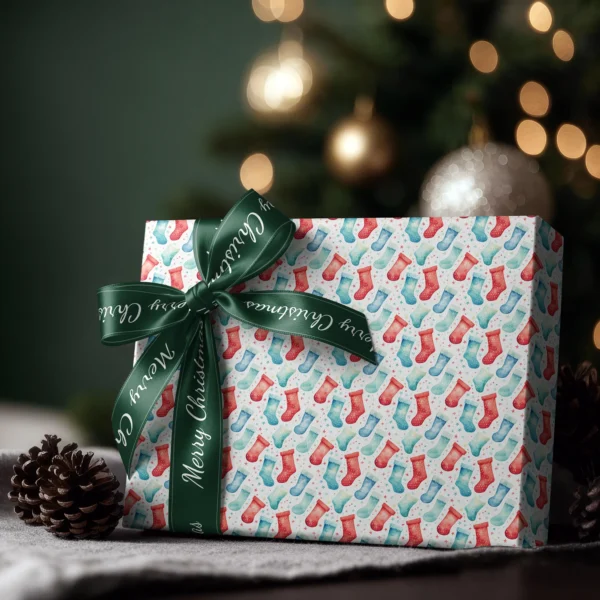 Box wrapped in watercolor stocking paper with a satin ribbon bow, Christmas tree lights behind