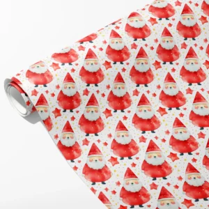 Roll of white wrapping paper with round red watercolor Santas in pointed hats and red stars, partly unrolled on white